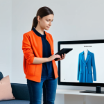 A young woman in a modest, modern casual outfit, standing in a brightly lit, minimalist living room. She is holding a tablet, looking at its screen which displays a virtual fitting room interface, showing a realistic 3D avatar of herself trying on a different modest jacket, with advanced augmented reality clothing overlay. The scene represents innovation in online shopping. Perfect anatomy, correct proportions, natural pose, well-formed hands, proper finger count, natural body proportions. Fully clothed, appropriate attire, safe for work, appropriate content, family-friendly, professional photography, high quality, ultra-realistic.