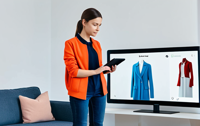 A young woman in a modest, modern casual outfit, standing in a brightly lit, minimalist living room. She is holding a tablet, looking at its screen which displays a virtual fitting room interface, showing a realistic 3D avatar of herself trying on a different modest jacket, with advanced augmented reality clothing overlay. The scene represents innovation in online shopping. Perfect anatomy, correct proportions, natural pose, well-formed hands, proper finger count, natural body proportions. Fully clothed, appropriate attire, safe for work, appropriate content, family-friendly, professional photography, high quality, ultra-realistic.